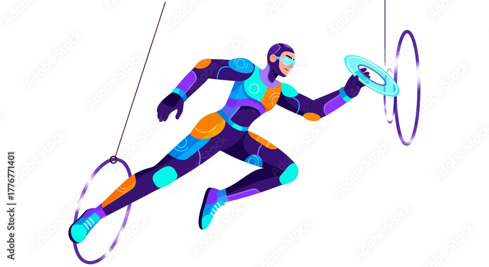 Fototapeta premium Futuristic Athlete Leaping Through Illuminated Rings Demonstrating Speed and Precision