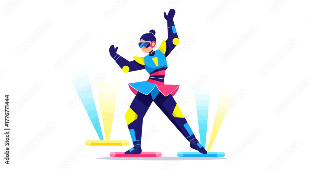 Fototapeta premium Futuristic Dancer Performing With Technology On Spotlight Stage And Artistic Background