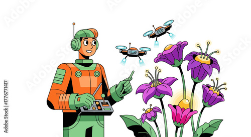 Futuristic Botanist Controls Drones Above Illuminated Flowers In A Colorful Illustration