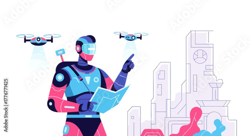 Futuristic City With Drone Technology And Mechanical Character Directing Operations