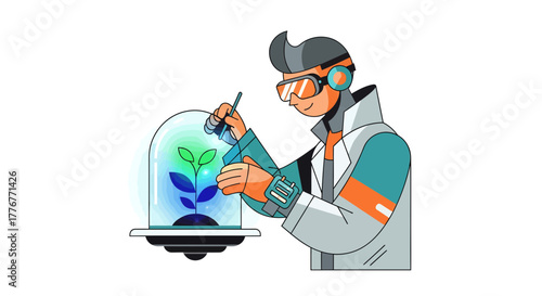Futuristic Botanist Analyzing Plant Growth Inside Protected Glass Dome