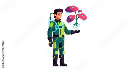 Futuristic Botanist Presenting Abstract Flora Blossoming In A Glowing Futuristic Display