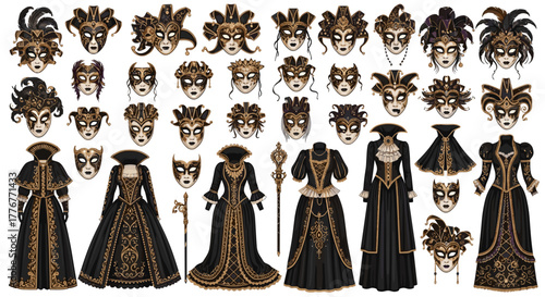 Collection of venetian masks and historical costumes on