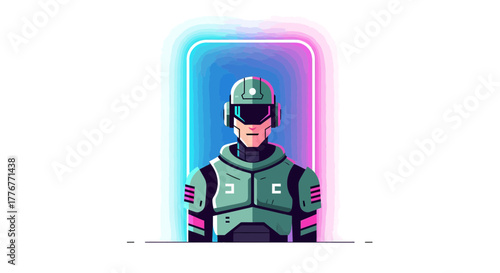 Futuristic Cyberpunk Soldier Illustration Featuring Neon Background and Minimalist Style