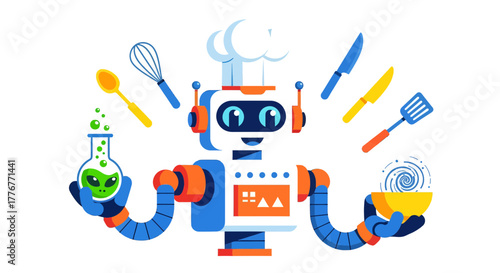 Futuristic Cooking, Robot Chef Preparing Dishes, Innovative Culinary Technology Illustration
