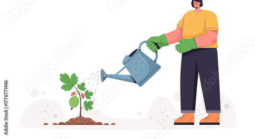 Gardener Watering a Young Plant, Providing Essential Care for Growth and Well-being