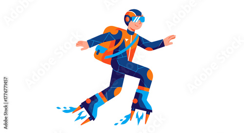 Futuristic Delivery Rider with Powerful Jet Skates Speeding Across White Background
