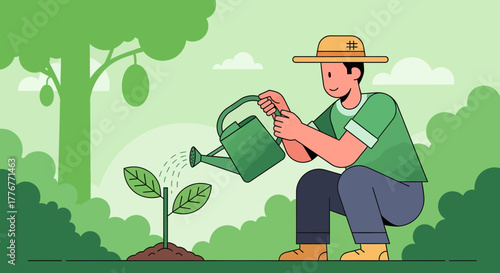 Gardener Watering a Young Plant: Cultivating Growth in a Lush Green Environment