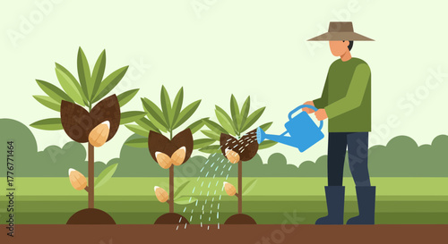 Gardener Watering Exotic Plants in a Vector Style Illustration on a Sunny Day