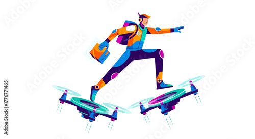 Futuristic Delivery Rider with Package Flying on Drones in An Innovative Design