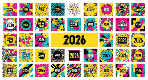 Collection of colorful abstract designs and the year 2026