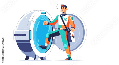 Futuristic Explorer Exiting a Circular Portal to Unknown Dimensions Adventures Ahead
