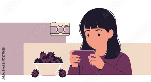 Girl Photographing Blackberries with a Smartphone, Flat Vector Illustration Style Presentation