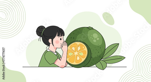 Girl Whispering Secretly Near Kumquat, Delightful Illustration With Fresh Fruit
