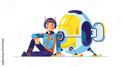 Futuristic Explorer Sitting Beside His Sleek, Rounded Technological Transportation Device
