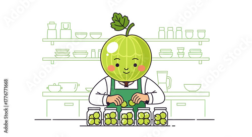 Gooseberry Person Prepares Canning Process for Preserving Fresh Gooseberries in Jars Animation