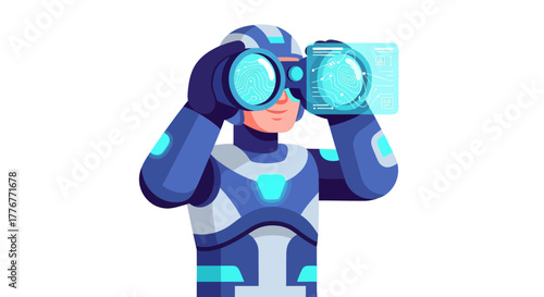 Futuristic Explorer In Technological Armor Observes With Advanced Digital Binoculars