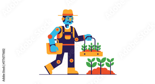 Futuristic Farmer Carrying Plants and Gardening Tools in a Modern, Abstract Style