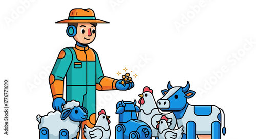Futuristic Farmer Interacting With Robotic Animals, Modern Agriculture Concept Illustration