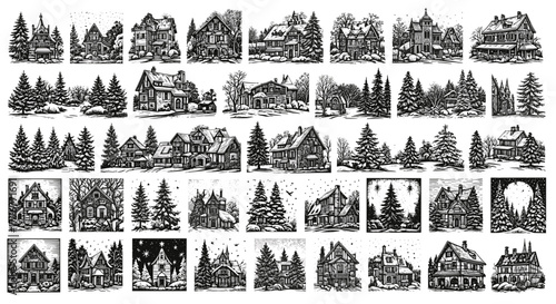 Collection of vintage houses and trees in a detailed sketch style