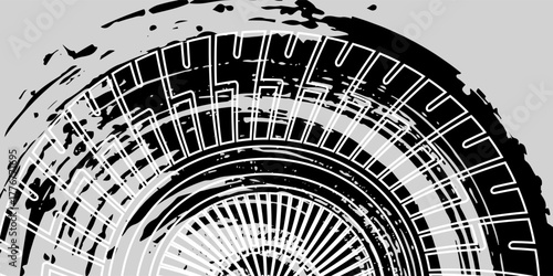 Tire tread marks, wheel textures, tire marks - car racing, motocross, drift, rally, off-road and others. Vector black isolated texture in grunge style with splashe