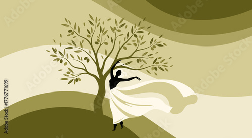 Graceful Silhouette Dance Beneath Olive Tree: Artistic Representation of Movement and Nature