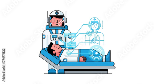 Futuristic Medical Checkup Performed By An Astronaut And A Remote Doctor Concept
