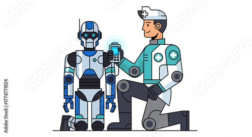 Futuristic Medical Checkup: Doctor Examining Robot's System Via Digital Device