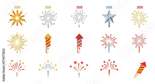 Collection of colorful fireworks and rockets