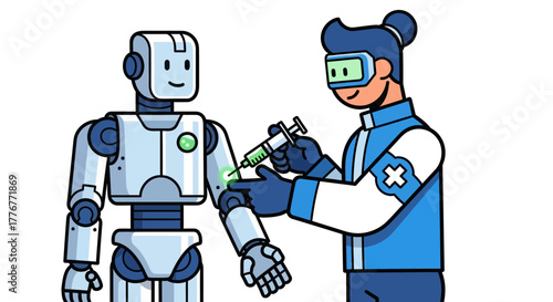 Futuristic Medical Procedure: A Robot Patient Receives an Injection for Enhanced Wellness