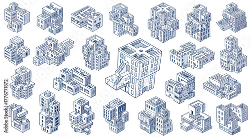 Collection of abstract architectural structures and buildings in isometric view