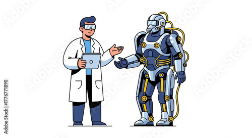 Futuristic Partnership: A Scientist and Advanced Technological Robotic Creation Working Together