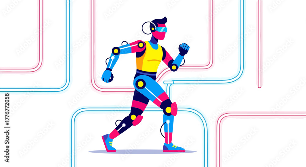 Fototapeta premium Futuristic Runner: Digital Humanoid in Motion, Connected to Network Systems