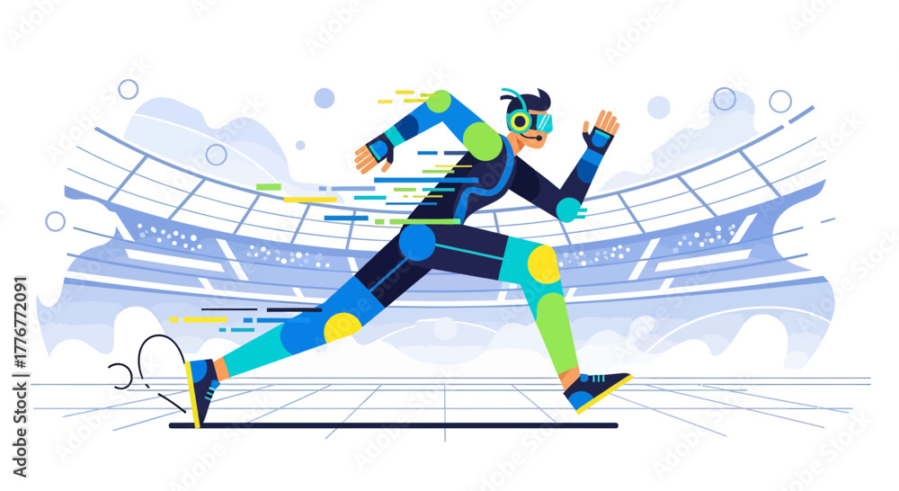 Fototapeta premium Futuristic Runner with Modern Gear in a Stadium, Motion Blur Depicting Speed and Movement