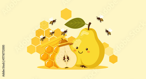 Happy Pears, Adorable Bees, and Golden Honeycomb: A Delightful Cartoon Illustration
