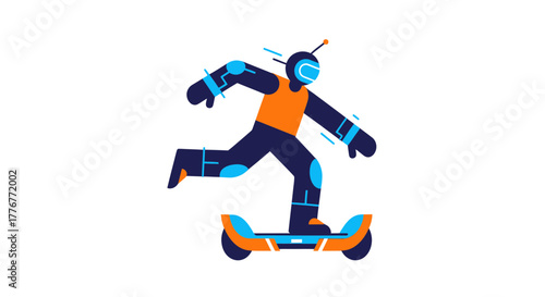 Futuristic Robot Gliding Effortlessly On A Hoverboard, A Vector Graphic Illustration