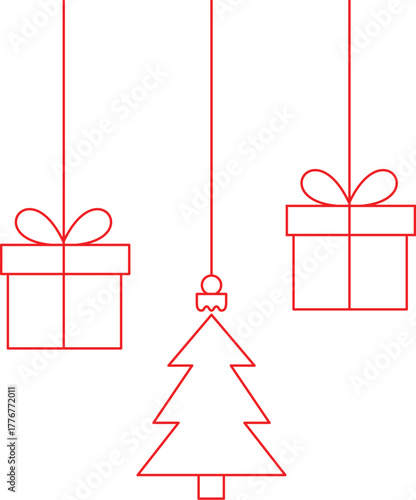 Red Christmas hanging decorations vector banner, holiday border frame ornaments.