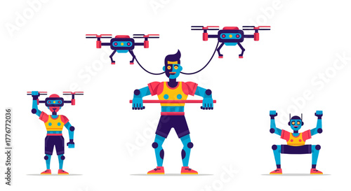 Futuristic Robots Exercising, Drones Assisting Athletic Training, Innovation in Physical Fitness
