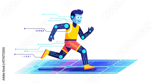 Futuristic Runner: Digital Athlete with Circuitry on Digital Platform with Technology