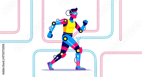 Futuristic Runner: Digital Humanoid in Motion, Connected to Network Systems