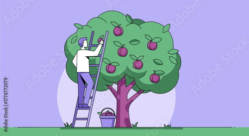 Harvesting Plums: A Colorful Illustration of Seasonal Bounty and Orchard Gathering