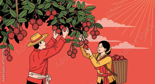 Harvesting Rambutans: A Colorful Illustration of Plantation Workers in a Fruit Orchard