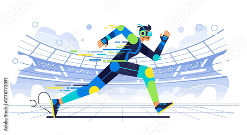 Futuristic Runner with Modern Gear in a Stadium, Motion Blur Depicting Speed and Movement
