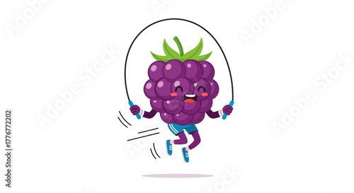 Healthy And Happy Blackberry Character Performing A Playful Jump Rope Exercise