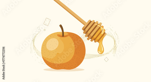 Healthy And Organic Sweet Pear Fruit With Wooden Honey Dipper Cartoon Illustration