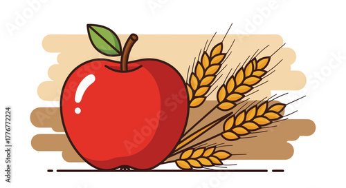 Healthy Apple and Golden Wheat Cartoon Illustration of Harvest Season Abundance