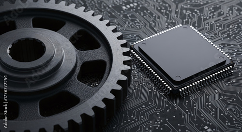 A black gear cog and a microchip on a circuit board background.