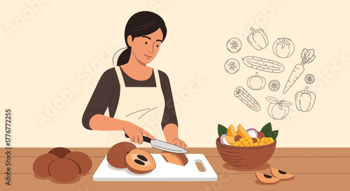 Healthy Cooking: Woman Preparing Exotic Fruits and Fresh Vegetables for Delicious Meal