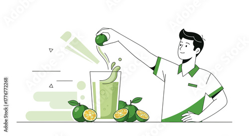 Healthy Drink Preparation: Citrus Juice Pouring, Illustrated Man with Lime Cocktail