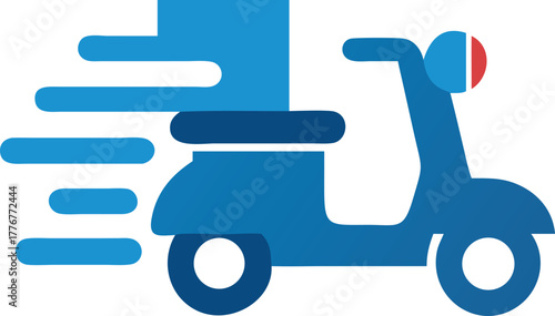 A stylized blue scooter with a package and movement lines swiftly travels toward the destination